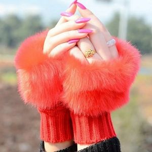 Red Faux Fur Knitted Fingerless Winter Gloves